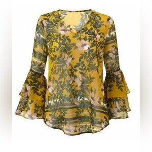 Cabi Spring Scene Blouse Yellow Green 5518 Floral Sheer Bell Sleeve Sz Small NWT